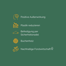 Lade das Bild in den Galerie-Viewer, Holznamensschild mit Lasergravur und Sicherheitsnadel